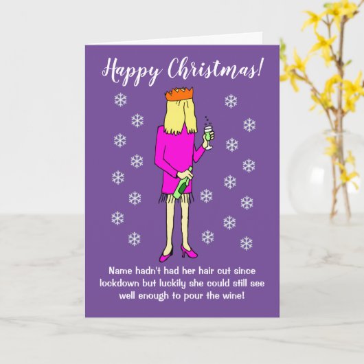 ワインおもしろいのクリスマスを飲む漫画の女性 カード (黄色い花)