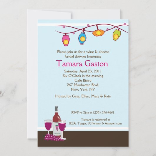 ワインおよびチーズ5x7ブライダルシャワーの招待 招待状 (正面)