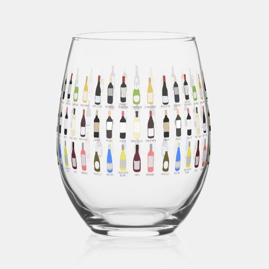 ワインが好きなボトルの名前図解入りの、写真付きの ステムなしワイングラス (正面)