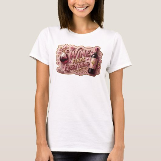 ワインで全て解決 赤いTシャツ Tシャツ (正面)