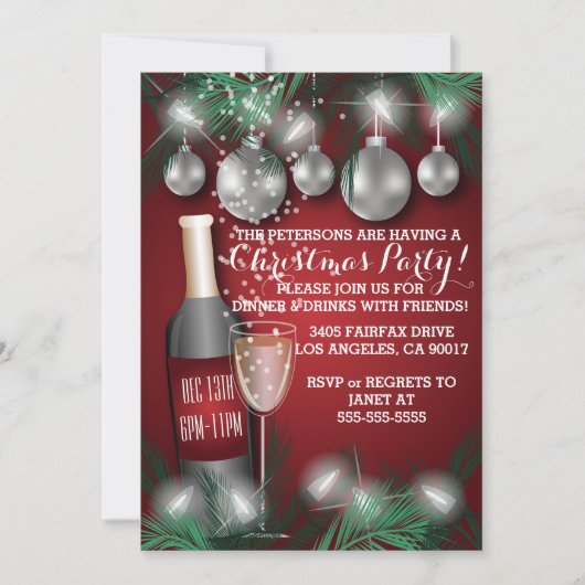 ワインとオーナメントレッドクリスマスホリデーパーティー 招待状 (正面)
