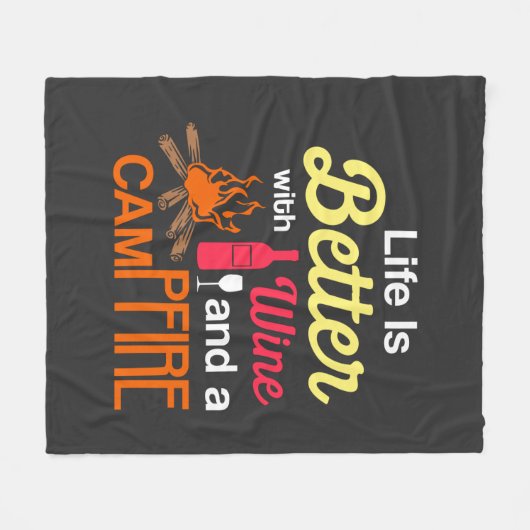 ワインとキャンプファイアで人生は良い フリースブランケット (正面(横))