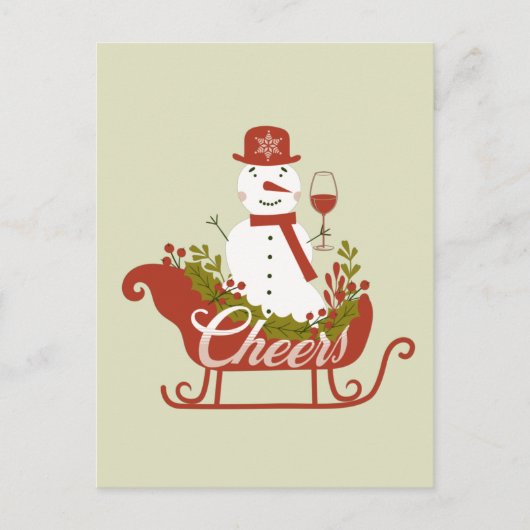 ワインとスレッドのクリスマス雪だるま乾杯 ポストカード (正面)