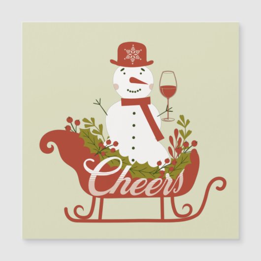 ワインとソリのクリスマスマグネット 雪だるまの乾杯 (正面)