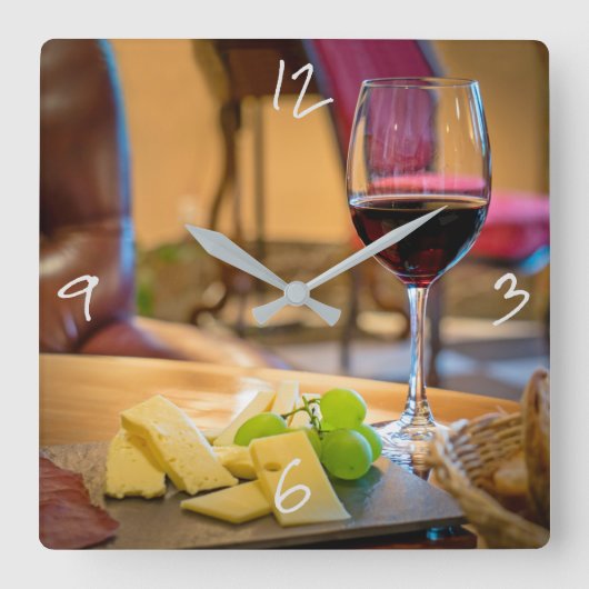 ワインとチーズの静物撮モダン影 スクエア壁時計 (正面)
