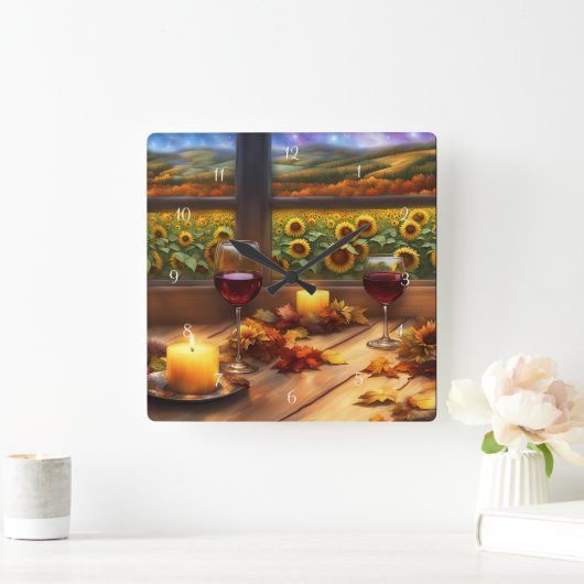 ワインとヒマワリお洒落ーとかわいらし スクエア壁時計 (ホーム)