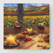 ワインとヒマワリお洒落ーとかわいらし スクエア壁時計 (正面)