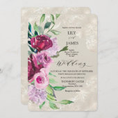 ワインとピンクのバラと装飾的な鳩の灰色 招待状 (正面/裏面)