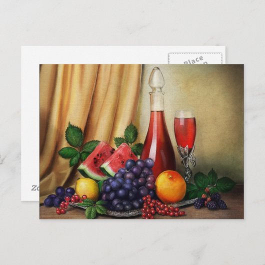 ワインと果物のクラシックな静物画 ポストカード (正面/裏面)