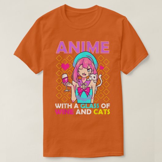 ワインと猫をグラスに入れたアニメ  Tシャツ (デザイン正面)