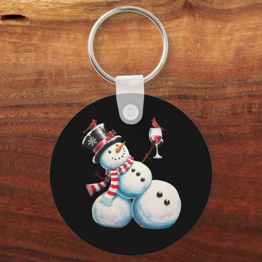 ワインと雪だるまのクリスマス 楽しいプレゼント キーホルダー (正面)