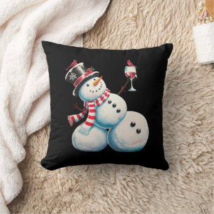 ワインと雪だるまのクリスマス 楽しいプレゼント クッション