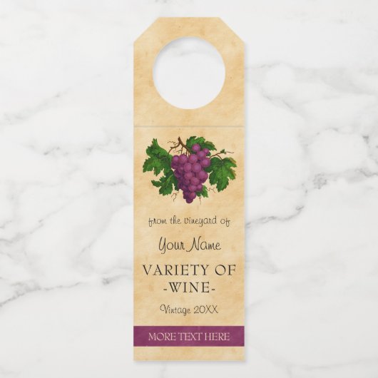ワインのエレガントなヴィンテージの紫色のブドウのカスタムのテンプレート ボトルネックタグ (正面)