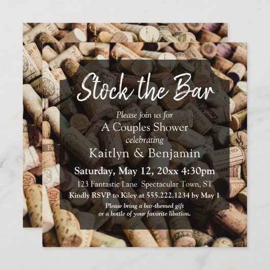 ワインのコルク写真、ストックバーカップルのシャワー2 招待状 (正面/裏面)