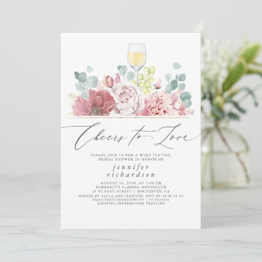 ワインのテイスティングダスティピンクフローラブライダルシャワー 招待状 (スタンド正面)