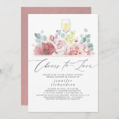 ワインのテイスティングダスティピンクフローラブライダルシャワー 招待状 (正面/裏面)