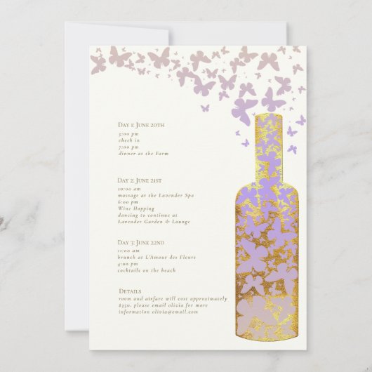 ワインのテイスティングバチェロレッテ週末金ゴールド蝶 招待状 (裏面)