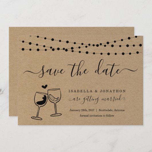 ワインのトーストの保存日付カードのクラフト紙 案内状 (正面/裏面)
