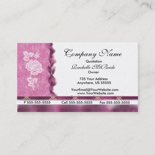 ワインのピンクの白い刺繍のばら色の名刺 名刺 (正面)