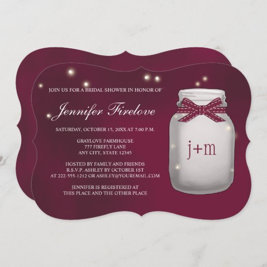 ワインのモノグラムのなホタルのメーソンジャーのブライダルシャワー 招待状 (正面/裏面)