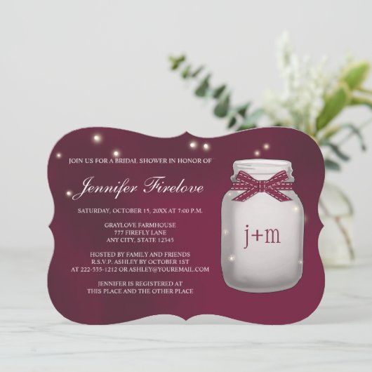 ワインのモノグラムのなホタルのメーソンジャーのブライダルシャワー 招待状 (スタンド正面)