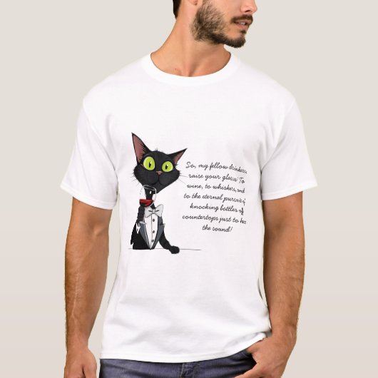 ワインの話をする猫おもしろい Tシャツ (正面)