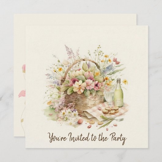 ワインの誕生日パーティー付きピクニックバスケットボトル 招待状 (正面/裏面)