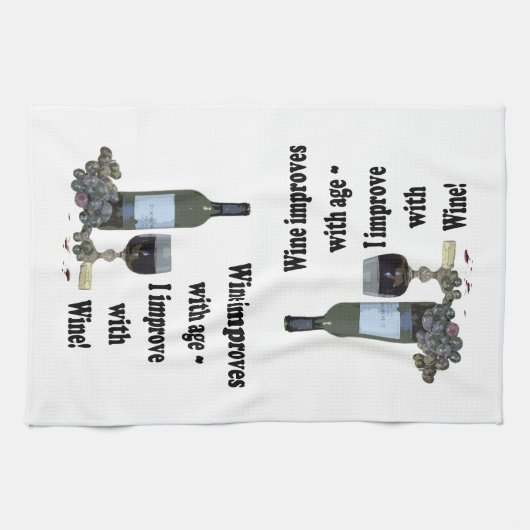 ワインはワインと年齢と、私改良します改良します! キッチンタオル (横)