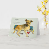 ワインを楽しむブギーブリンドル犬 |ハッピーバースデー カード (黄色い花)