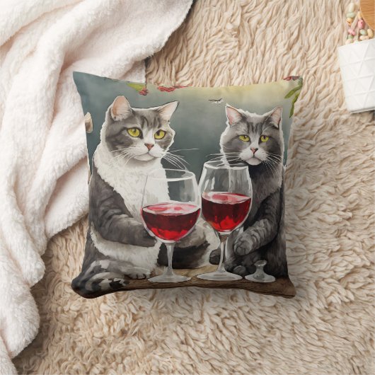 ワインを飲むクールな猫の枕! クッション (ブランケット)
