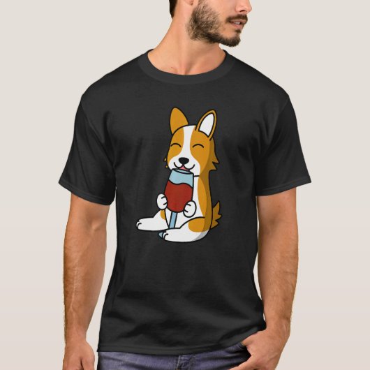 ワインを飲むコーギー犬 Tシャツ (正面)