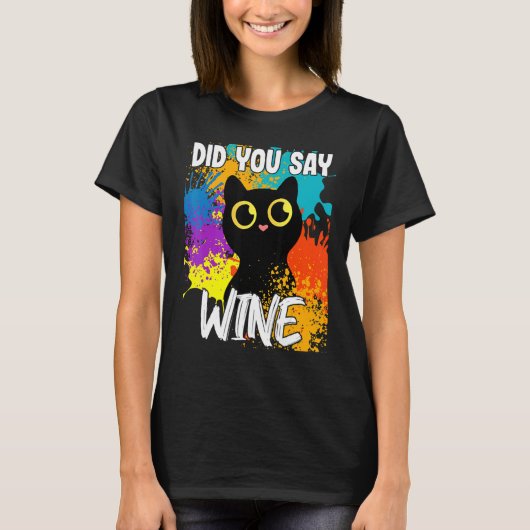 ワインを飲む黒猫 Tシャツ (正面)