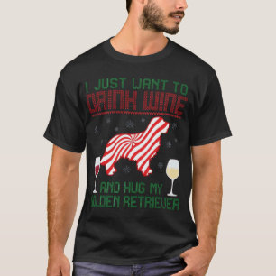ワインを飲んでゴールデンレトリバーをハグするクリスマス Tシャツ