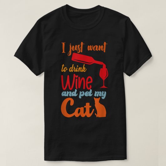 ワインを飲んで、猫をなでたおもしろいい Tシャツ (デザイン正面)
