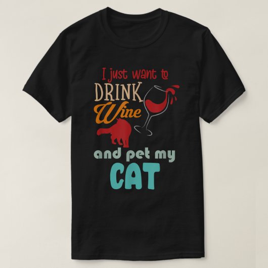 ワインを飲んで、猫をなでたおもしろいい Tシャツ (デザイン正面)