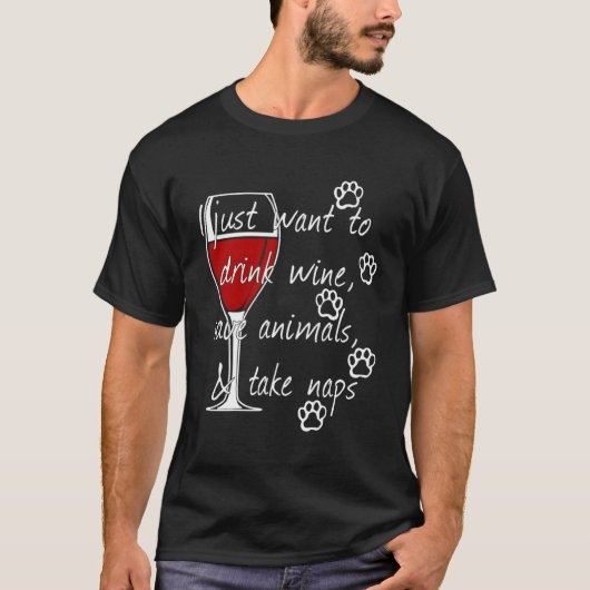ワインを飲救む動物が昼寝を取る Tシャツ (正面)