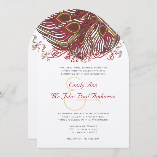 ワインアンドラッシェットピーコックヴィンテージ羽根 招待状 (正面/裏面)