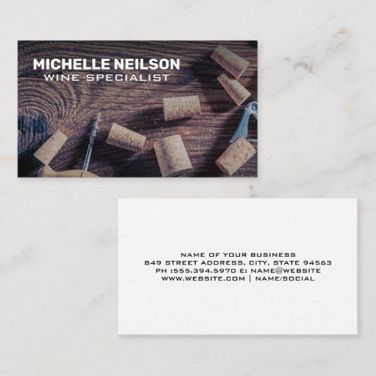ワインオープナー及びコルクを木製テーブルの名刺に 名刺 (正面/裏面)