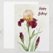 ワインカラーのアイリス 水彩画の花 誕生日おめでとう シーズンカード (正面/裏面)