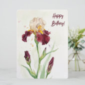 ワインカラーのアイリス 水彩画の花 誕生日おめでとう シーズンカード (スタンド正面)