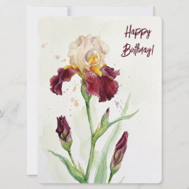 ワインカラーのアイリス 水彩画の花 誕生日おめでとう シーズンカード