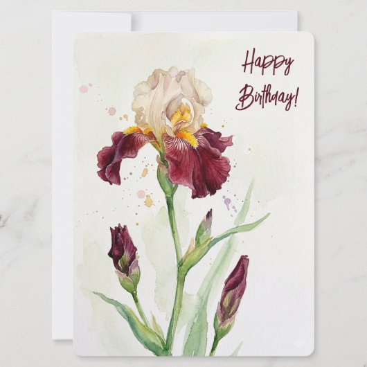 ワインカラーのアイリス 水彩画の花 誕生日おめでとう シーズンカード (正面)