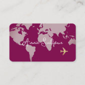 ワインカラーの飛行機の旅行ワールドマップ 名刺 (正面)