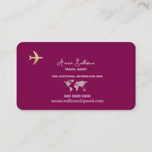 ワインカラーの飛行機の旅行ワールドマップ 名刺 (裏面)