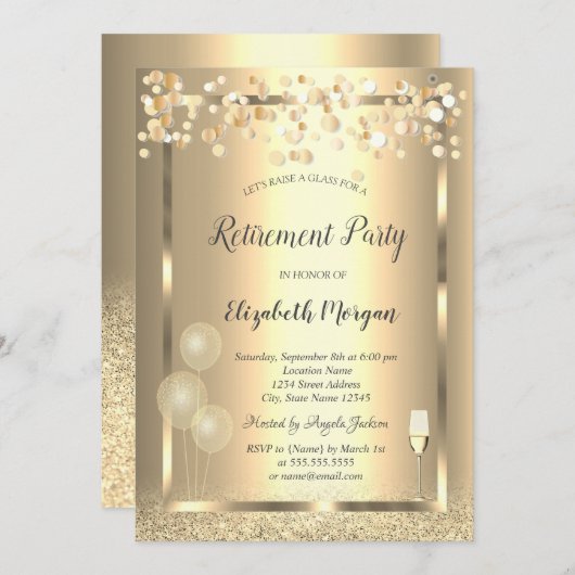 ワインガラスバルーン金ゴールドグリッター退職 招待状 (正面/裏面)