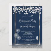 ワインガラスバルーン銀グリッターブルーリタイアメント 招待状 (正面)