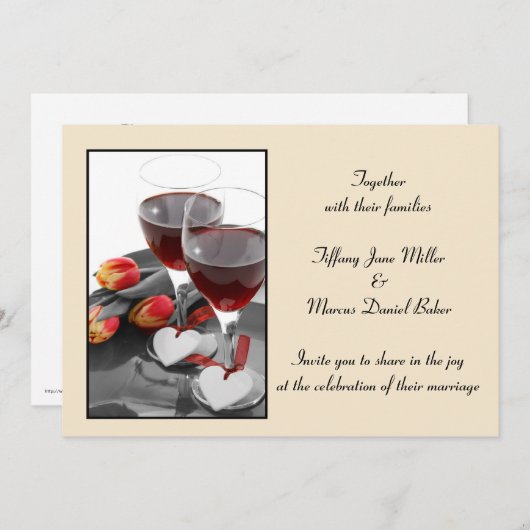 ワイングラスおよび赤ワインを持つ結婚式招待状 招待状 (正面/裏面)