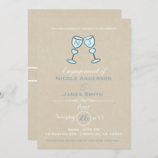 ワイングラスお洒落2つ結婚の婚約 招待状 (正面/裏面)