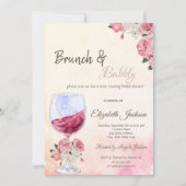 ワイングラスとバラ 水彩画 ブライダルシャワー 招待状 (正面)