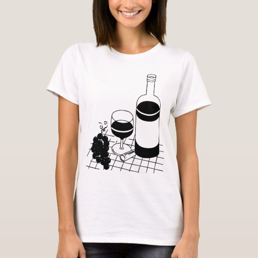 ワイングラスとボトルブドウ飲食アート Tシャツ (正面)